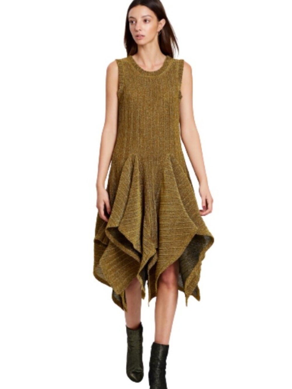 ROMANCE WAS BORN Gold Metallic Flutter Dress. Lurex Whimsy maxxing. Size Large.